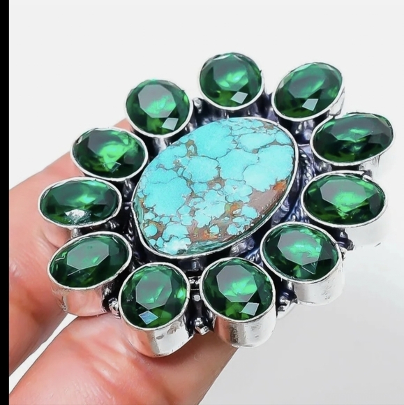 New Tibetan Turquoise and Chrome Diopside 925 Silver Statement Ring. - Picture 12 of 12